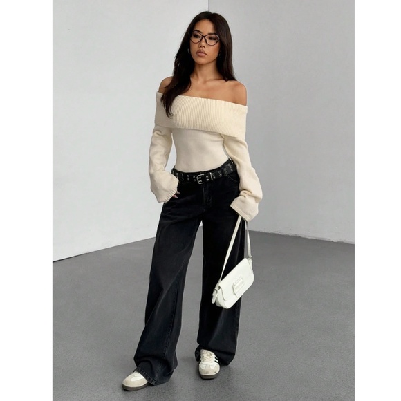 Cream Off The Shoulder Fold Over Sweater Pullover Knit Long Sleeve - Picture 6 of 13